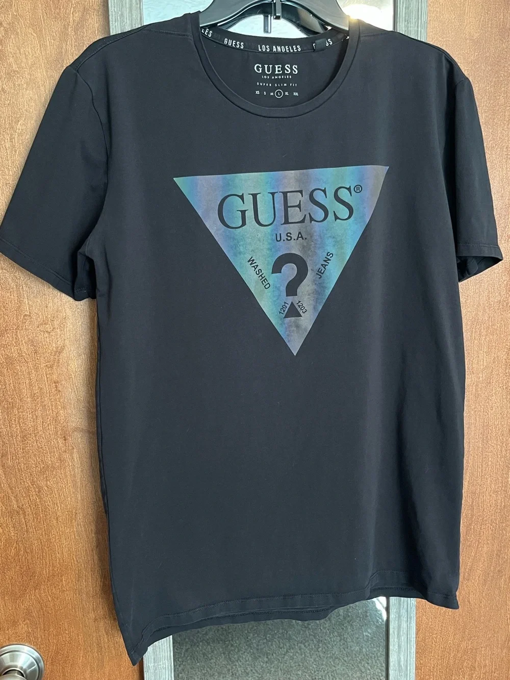 GUESS Black Short-Sleeve Tee with Holographic Triangle Logo - Picture 2 of 4